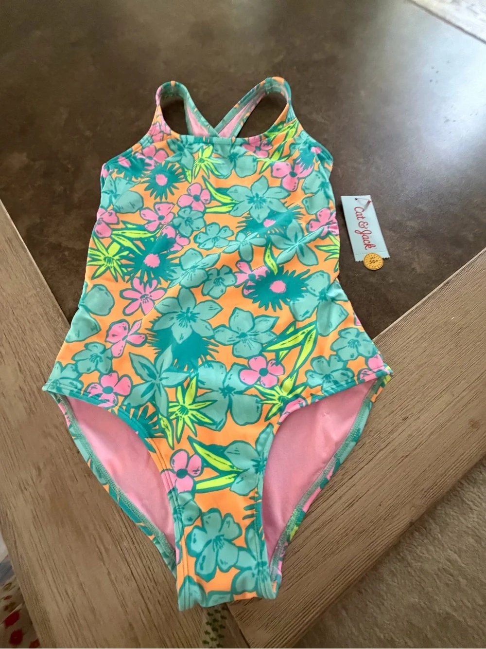 Girls' Floral One Piece Swimsuit - Cat & Jack™ Orange/Teal/Lime